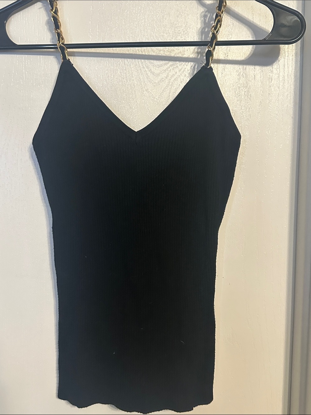 Black Ribbed Slip Tank with Gold Chain Straps